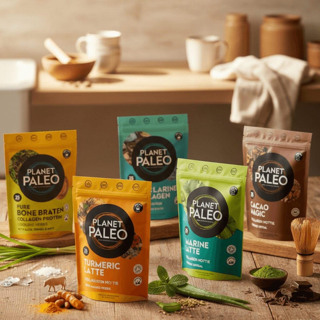 A product shot featuring five Planet Paleo supplement pouches on a rustic wooden table. The pouches include Turmeric Latte, Cacao Magic, Marine Latte, Marine Collagen, and Pure Bone Broth. They are surrounded by corresponding fresh ingredients like turmeric root, matcha powder, mint, and aloe vera. The image has a warm, soft focus background of a kitchen shelf, creating a wholesome, natural aesthetic.